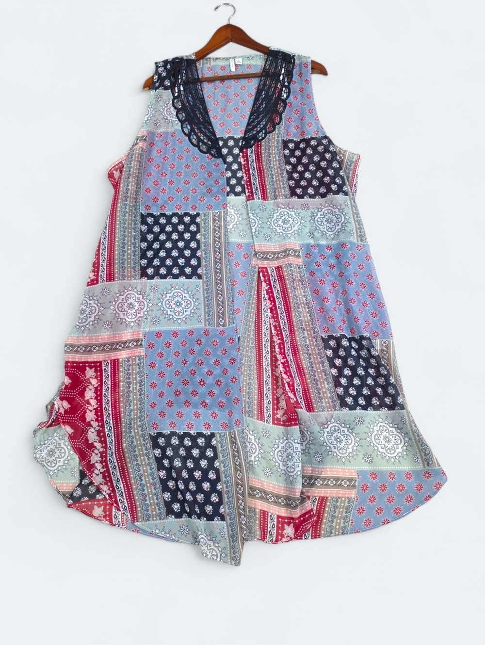 C. Est 1946 Patchwork Boho Open Front Vest Duster XL Sleeveless Mixed Print